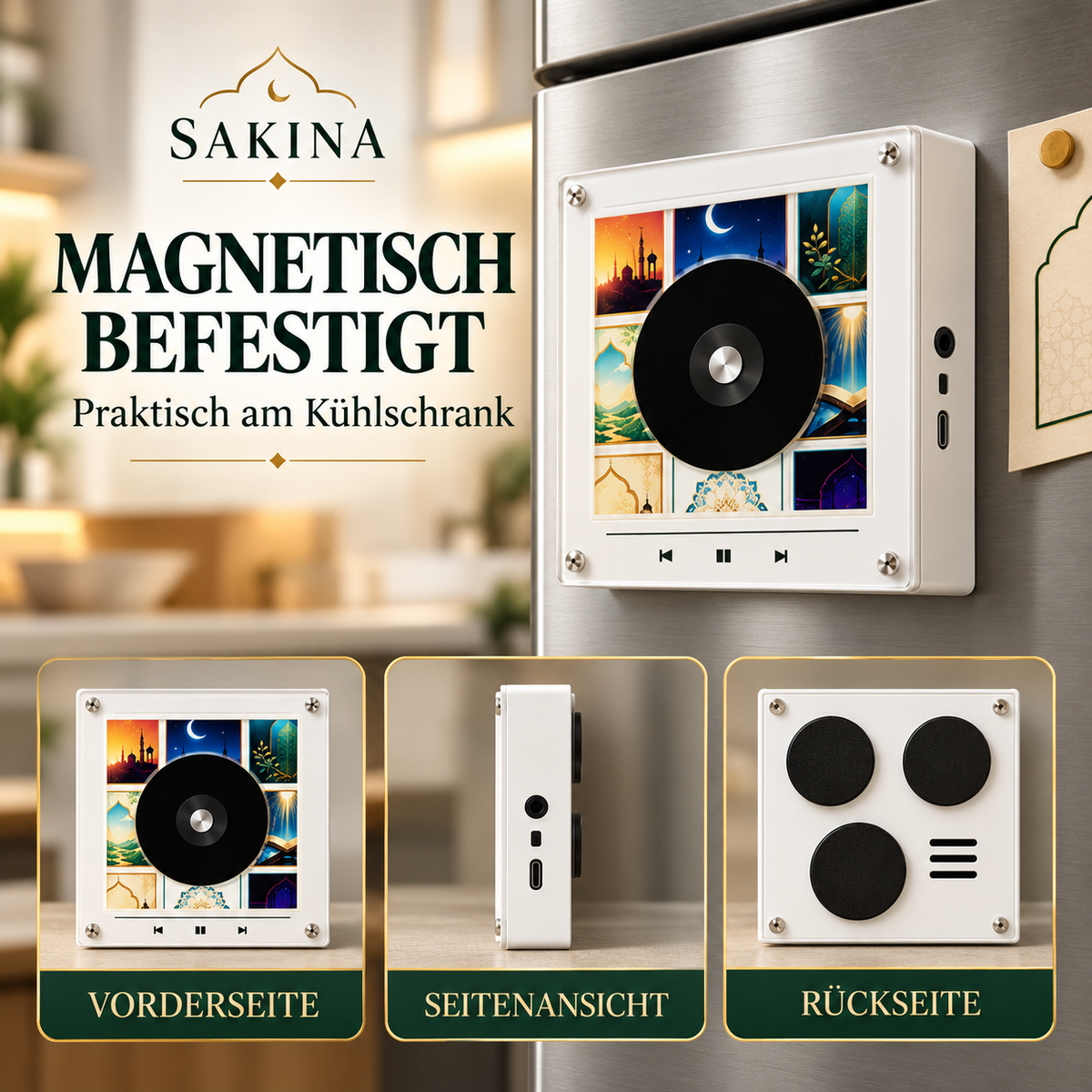 Sakina Koran-Player magnetisch am Kühlschrank – Vorderseite, Seite, Rückseite